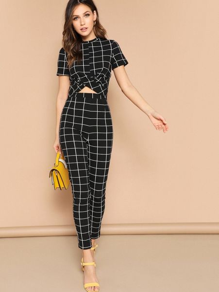 

cross wrap front grid & pants set s29t#, White