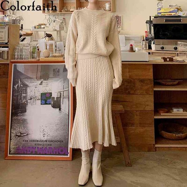

colorfaith new autumn winter woman 2 pieces sets skirt and set trumpet high waist knitted elegant ladies suits ws3021 210413, White