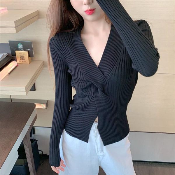 

women's sweaters slim solid color sweater women cross v-neck long sleeve knitted korean chic autumn all-match casual, White;black