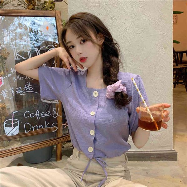 

square collar solid button line fashion solid college wind short sleeve women fashion basic thin blouses 210522, White