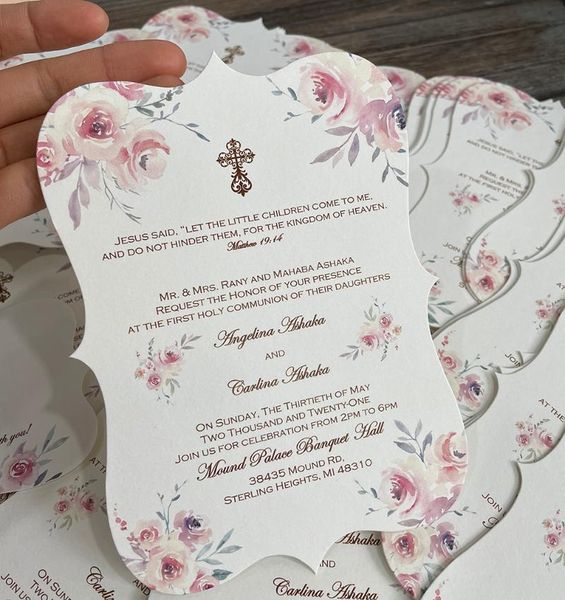 

flat pink flower customize wedding invitation card with nice shape rsvp greeting cards