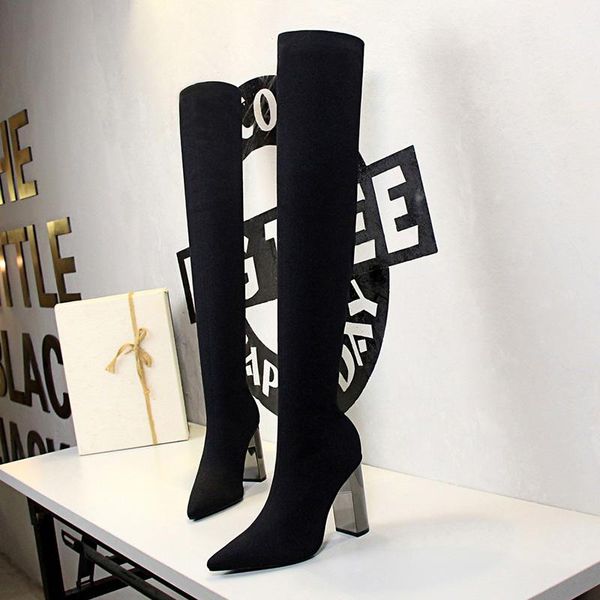 

boots slim thigh high over-the-knee metal heel knee women long heels bigtree shoes, Black