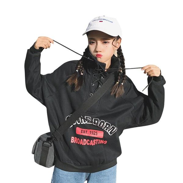 

women's hoodies & sweatshirts lychee harajuku punk women sweatshirt letter print lace up turtleneck long sleeve casual fleece pullover, Black