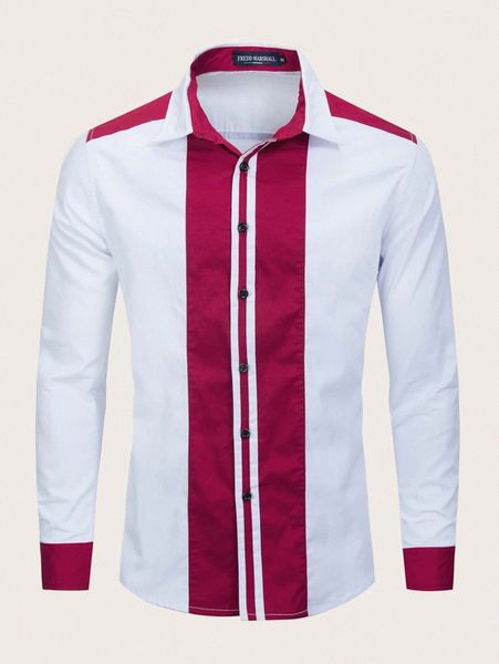 

men contrast panel button up shirt 89xx#, White;black