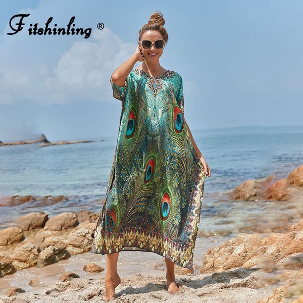 

fitshinling peaco feather robe oversized kaftan bohemian green summer maxi dress women holiday vintage slim pareo vestidos new