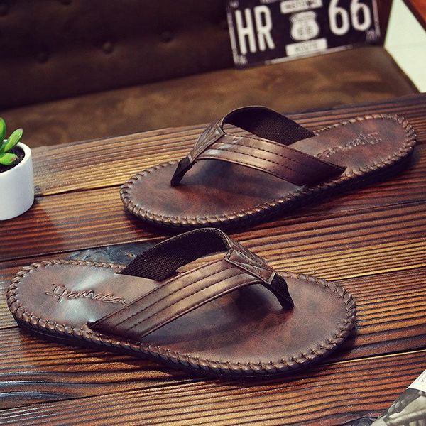 

slippers flip flops for men summer 2021 fashion beach cool anti slip pu leather solid shoes pantoffel slides, Black