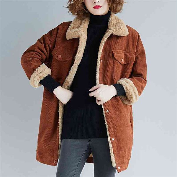 

winter faux fur coat women oversize corduroy coats vintage female loose long jackets casual street lady lambswool warm outwears 210517, Black
