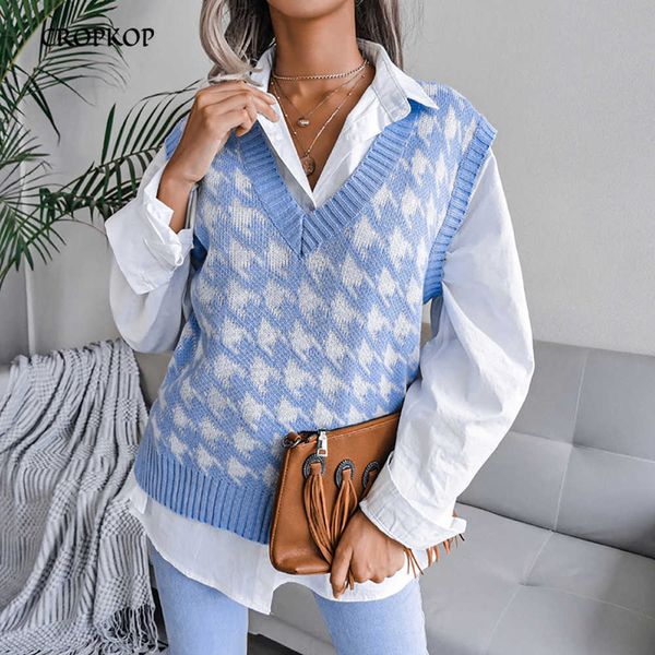 

women houndstooth sweater vest korean style sleeveless knitted v-neck sweaters elegant loose solid casual fashion pullover 211008, Black;white