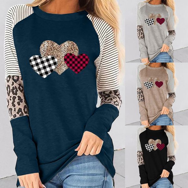 

tees t-shirt fall 2021 women's wear long sleeve splicing casual t-shirt round neck loose for valentine's day, White