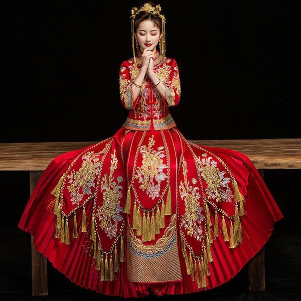 

bride wedding dress gown oriental women red qipao overseas chinese handmade embroidery cheongsam toast clothing marriage gift ethnic