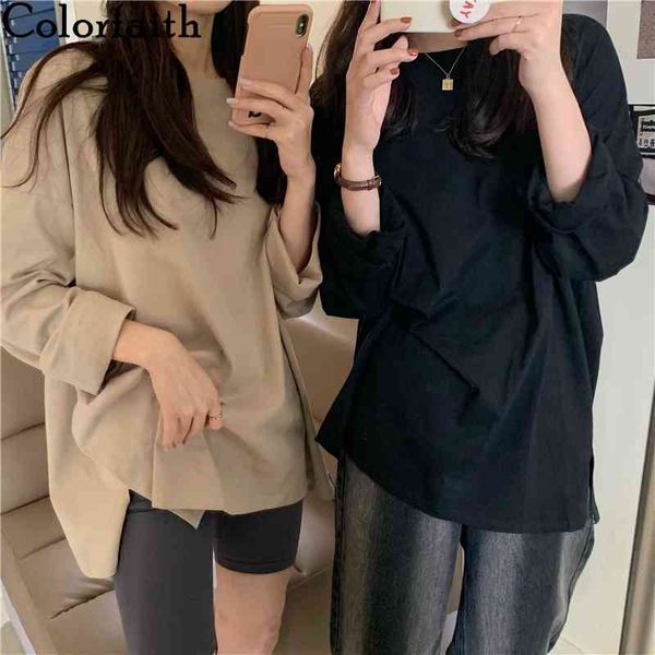 

colorfaith new women autumn winter t-shirt solid bottoming basic oversize wild fashionable minimalist hem split t1466 210413, White