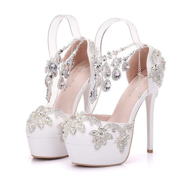

women sandals wedding party pu rhinestones buckle strap 14cm thin high heels round toe waterproof shoes size 35-42 white, Black