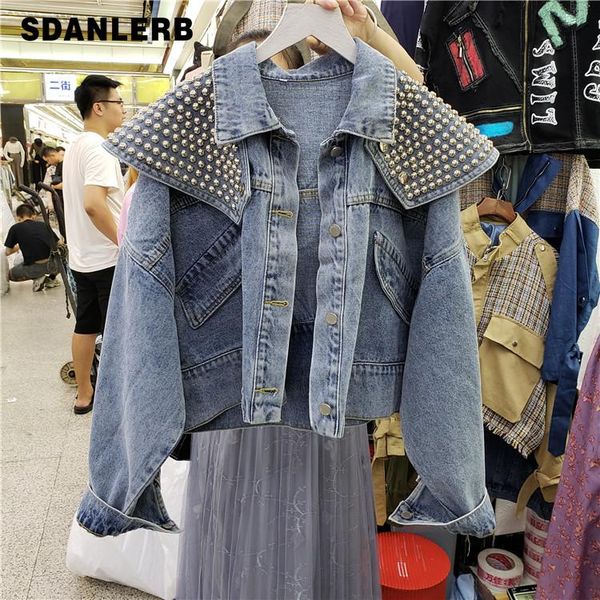 

women's jackets heavy industry rivet cowboy coat woman short denim jacket women 2021 autumn loose disassembly shawl retro bf jean, Black;brown