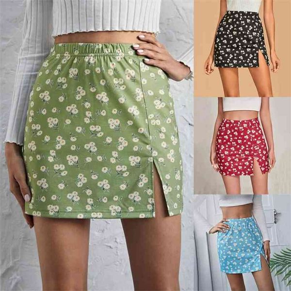 

women pencil skirt slim fit floral print mini outfits high waist elastic summer split casual streetwear 210522, Black