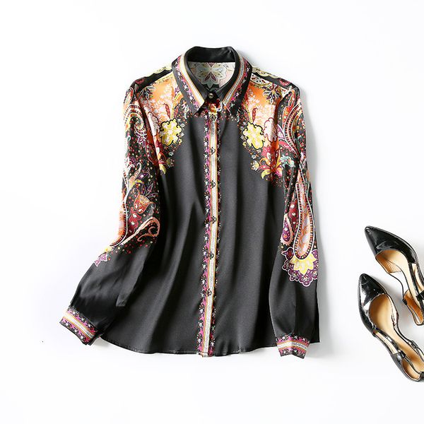 

women's blouses & shirts spring long sleeve lapel neck black / beige floral print natural real silk single-breasted soie blouse elegant, White
