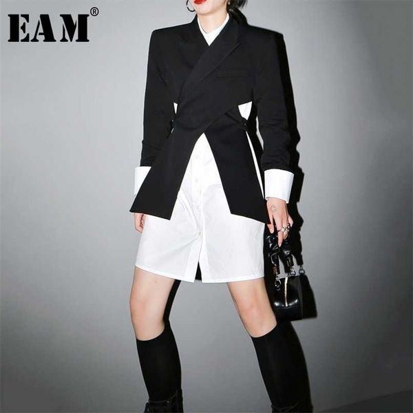 

[eam] women black cross split joint blazer lapel long sleeve loose fit jacket fashion spring autumn 1t447 210930, White;black
