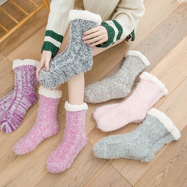 Зима толщиной теплый вязаный акриловый противоскользящий напольные носки женские мода повседневная крытая флис термальные нескользящие носки