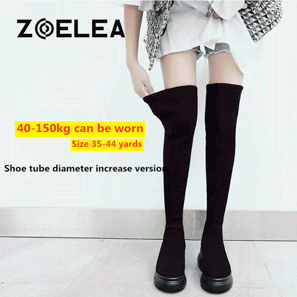 

boots women sport slim warm shoes 2021 big size 44 thigh high for plush winter over knee woman elastic streth botas, Black