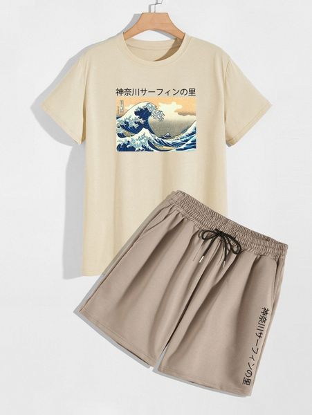 

men japanese and wave print tee & track shorts b8ue#, Gray