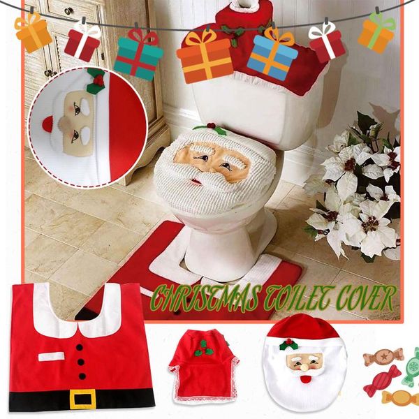 

toilet seat covers christmas decoration novelty 3pcs festive cover, tank & rug bathroom set (santa claus)