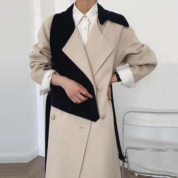 

women's wool & blends [ewq] korean chic autumn winter temperament double breasted long woolen jacket + versatile shawl set female 2021, Black