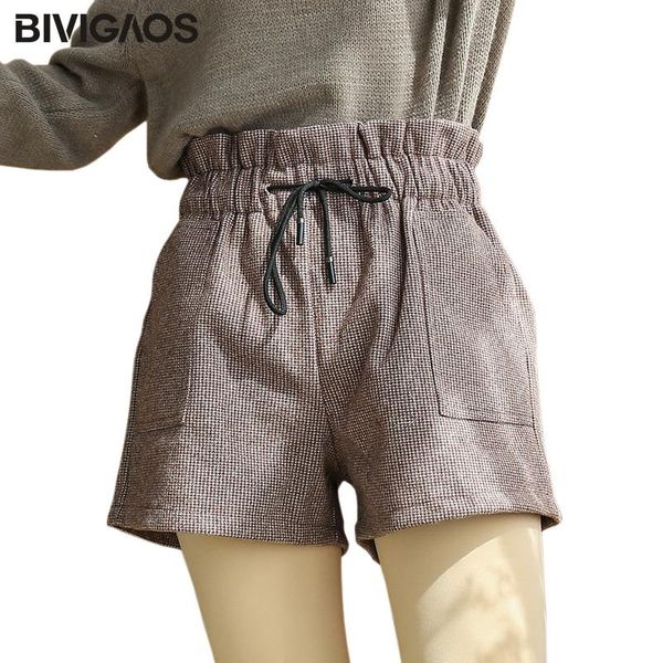

women's shorts bivigaos 2021 autumn winter high waist plaid woolen casual elastic drawstring fashion wide leg women, White;black