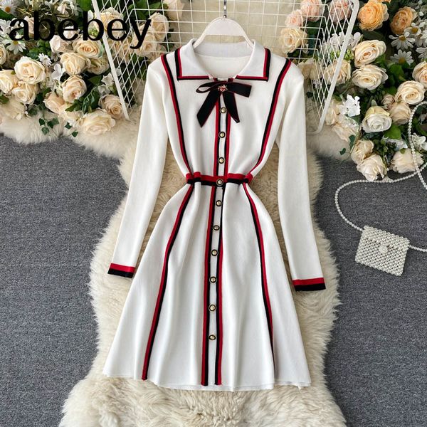 

women french knitted dress 2021 autumn winter sweet bow button elastic a-line dress korean fashion streetwear dress, Black;gray