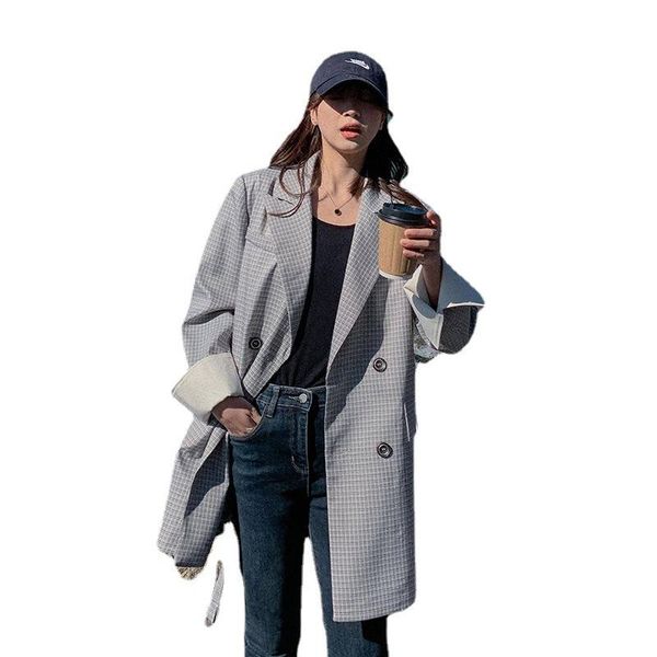 

spring and autumn korean style suit women loose retro lace-up windbreaker houndstooth jacket women's suits & blazers, White;black