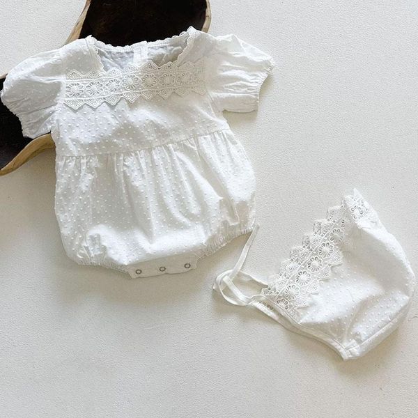 

rompers korean style summer baby girls clothes solid embroidery cotton infant jumpsuit toddler girl romper+hat, Blue