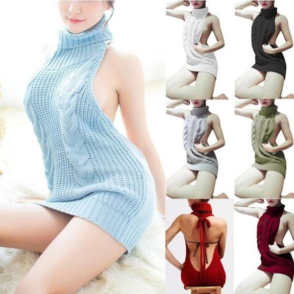 

summer turtleneck sleeveless long sweater knitted backless solid color women pullovers ladies jumper women's sweaters, White;black