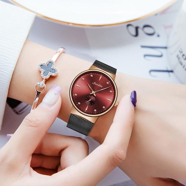 

wristwatches genuine sunkta creative watch women stainless steel waterproof super slim mesh belt clock ladies gift zegarek damski, Slivery;brown