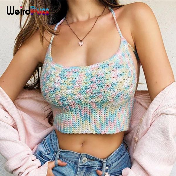 

women's tanks & camis weird puss y2k knit tank women bandage camisole backless fashion tie dye stretchy streetwear summer skinny c, White