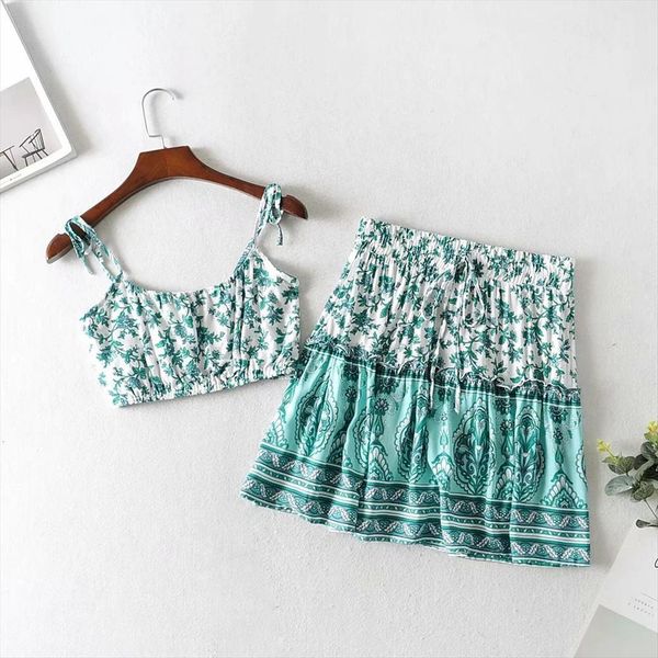 

two piece boho clothes sets women tracksuits summer floral skirt cami crop a line beach holiday suits sundress, Gray