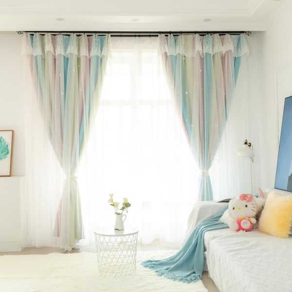 

gradient rainbow color curtains hollow star double layer blackout kids girl white sheer window for bedroom curtain & drapes
