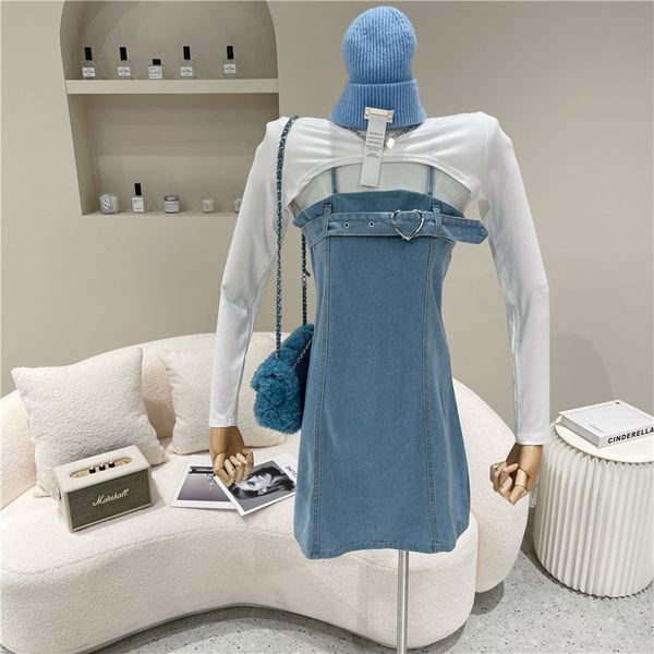 

skirt of two female fashion pieces spring niche design shawl shirt with hanging denim dress, Black