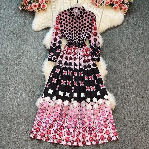 

casual dresses high end shirt collar dress spring sweet long sleeved waist slimming temperament printing big swing, Black;gray
