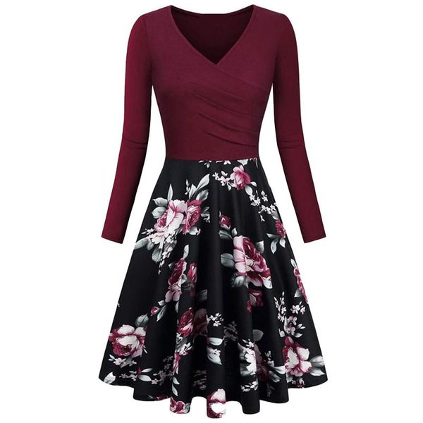 

casual dresses autumn v neck long floral dress for women 2021 slim sleeve split print female boho elegant maxi party vestidos, Black;gray