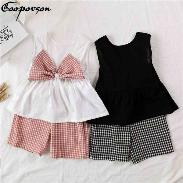 

gooporson fashion bow tie kids clothes sleeveless plaid shorts pretty korean little girls clothing set children outfits 210715, White