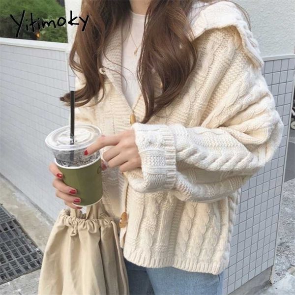 Yitimoky Frauen Strickjacke Rippen Pullover Sailor Kragen Vintage Gestrickte Top Herbst Winter Kleidung Casual Koreanische Outwears 211103