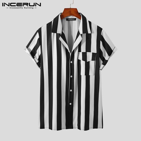 

men striped shirt turn down collar short sleeve streetwear pockets casual shirts summer breathable leisure camisa incerun 7 men's, White;black