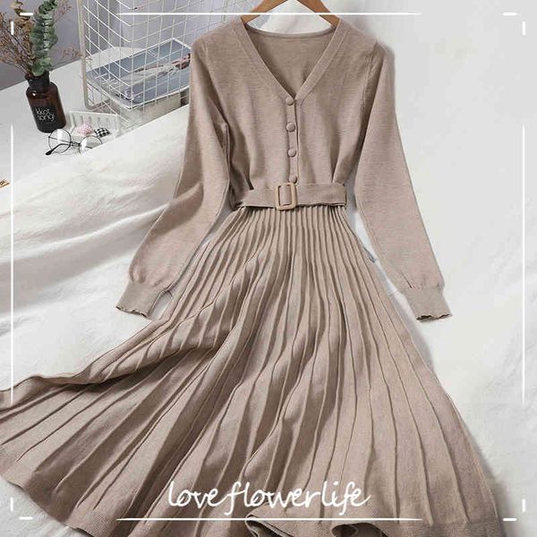 

autumn winter vintage solid single breasted v neck dress a line full button high waist mid-calf women dress 210521, Black;gray