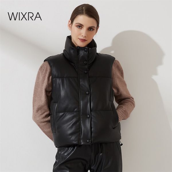 

wixra women fashion solid warm vest zipper pu sleeveless back lace up coat loose outwear autumn winter 210817, Black;white