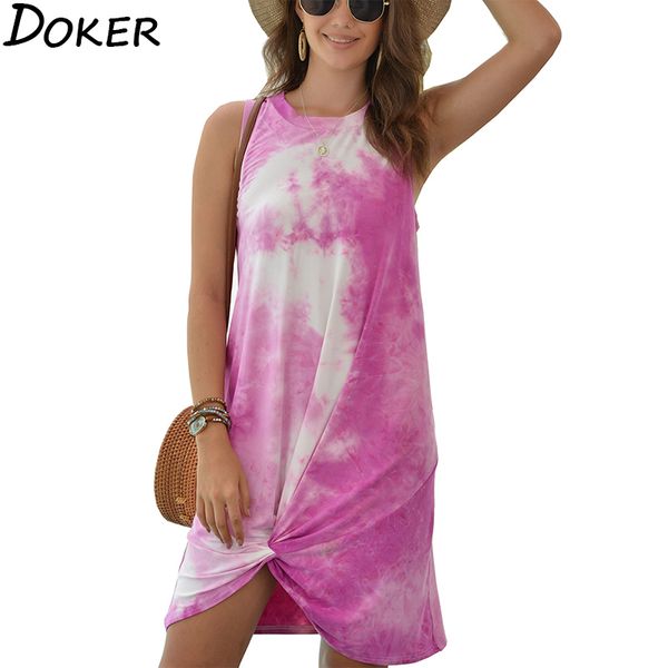 

summer tie-dye mini dress woman o-neck sleeveless plus size casual dresses for women off shoulder elegant short dress 210423, Black;gray