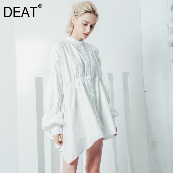 

spring and summer stand collar puff sleeves single breasted pleated asymmetrical shirt dress vestido 210421, White