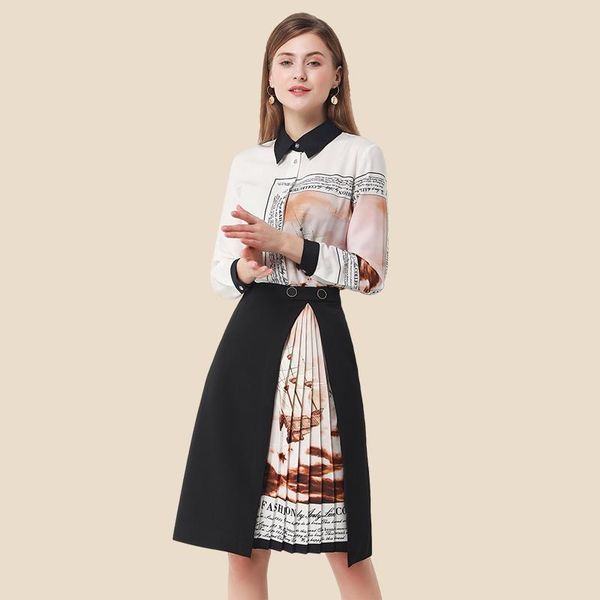 

two piece dress women's fashion designer set spring long sleeve stripe letter print elegant shirt +black pleated two-piece, White