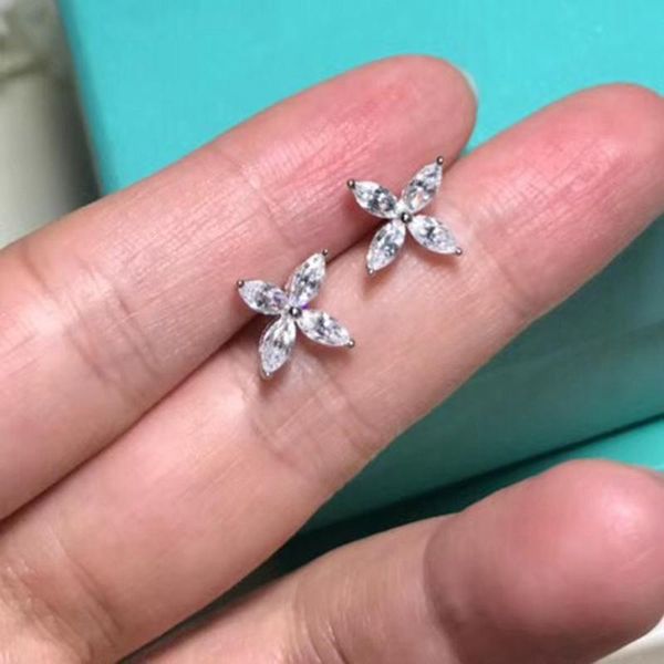 

stud classical zircon flower earring four petal 925 sterling silver elegant horse eye shape stone women wedding party, Golden;silver