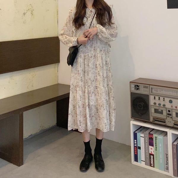 

casual dresses yamdi a-line woman korean elegant spring summer long sleeve 2021 party vintage midi dress women chiffon print floral, Black;gray
