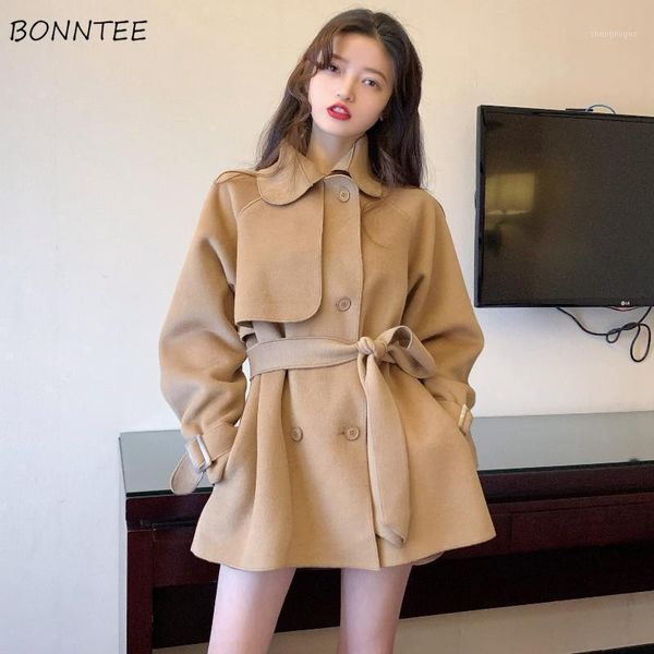 

women's wool & blends women adjustable waist solid all-match pockets warm slim vintage coat autumn daily khaki tender college ins cloth, Black