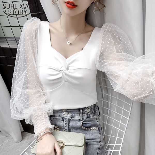 

see through slim blouse women autumn women's fashion polka dot mesh long sleeve shirts 12075 210508, White
