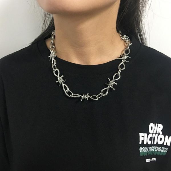

chains hip hop small line thorns goth punk bracelet necklace set men's and women's barbed wire spiked personality rapper jewelry g, Silver